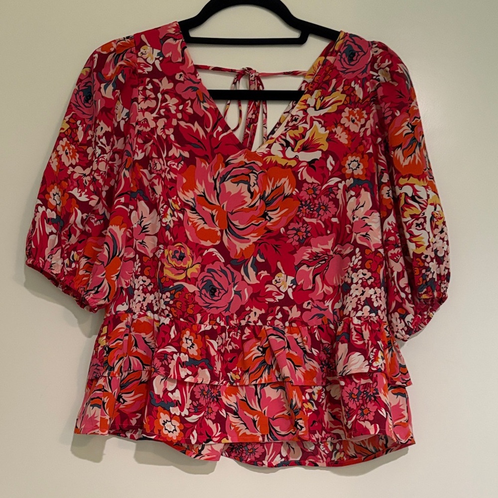 Jade Floral V-Neck Blouse - Pink and Orange
